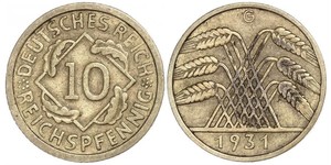 10 Пфенниг / 10 Рейхспфенниг Веймарская республика (1918-1933) Латунь 