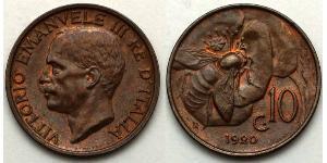 10 Сентесімо Kingdom of Italy (1861-1946) Мідь Віктор Емануїл III (1869 - 1947)