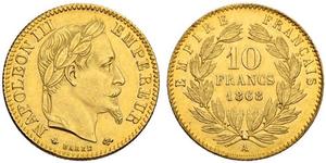 10 Франк Вторая французская империя (1852-1870) Золото Наполеон III Бонапарт (1808-1873)