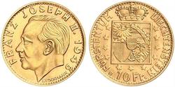 10 Франк Лихтенштейн (1719 - ) Золото Franz Joseph II, Prince of Liechtenstein (1938 - 1989) 