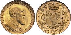 10 Франк Лихтенштейн (1719 - ) Золото Franz Joseph II, Prince of Liechtenstein (1938 - 1989) 