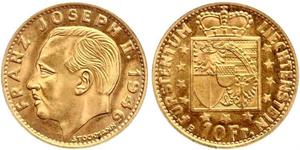 10 Франк Лихтенштейн (1719 - ) Золото Franz Joseph II, Prince of Liechtenstein (1938 - 1989) 