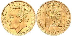 10 Франк Лихтенштейн (1719 - ) Золото Franz Joseph II, Prince of Liechtenstein (1938 - 1989) 