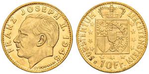 10 Франк Лихтенштейн (1719 - ) Золото Franz Joseph II, Prince of Liechtenstein (1938 - 1989) 