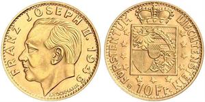 10 Франк Ліхтенштейн (1719 - ) Золото Franz Joseph II, Prince of Liechtenstein (1938 - 1989) 