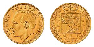 10 Франк Ліхтенштейн (1719 - ) Золото Franz Joseph II, Prince of Liechtenstein (1938 - 1989) 