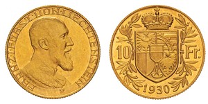 10 Франк Ліхтенштейн (1719 - ) Золото Franz Joseph II, Prince of Liechtenstein (1938 - 1989) 