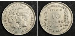 10 Франк Бельгия Никель Леопольд I (король Бельгии) (1790-1865) / Альберт I (король Бельгии) (1875 - 1934) / Леопольд II (1835 - 1909)