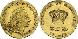 12 Mark Danimarca-Norvegia (1536-1814) Oro Federico V di Danimarca (1723 - 1766)