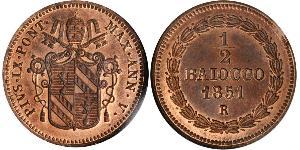 1/2 Baiocco Papal States (752-1870) Copper Pope Pius IX (1792- 1878)