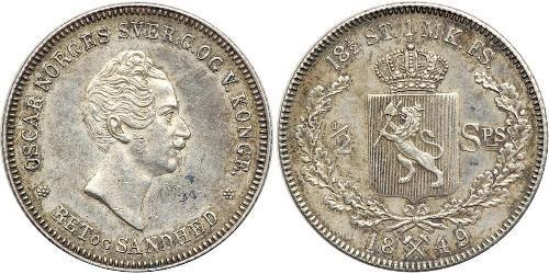 1/2 Daler Norvège Argent Oscar Ier de Suède (1799-1859)