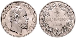 1/2 Gulden Reino de Wurtemberg (1806-1918) Plata Carlos I de Wurtemberg