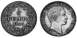 1/2 Гульден Велике герцогство Баден (1806-1918) Срібло Frederick I, Grand Duke of Baden (1826 - 1907)