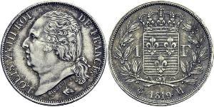 1 Franc Kingdom of France (1815-1830) / France Argent Louis XVIII de France  (1755-1824)