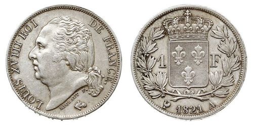 1 Franc Kingdom of France (1815-1830) / Francia Argento Luigi XVIII di Francia (1755-1824)