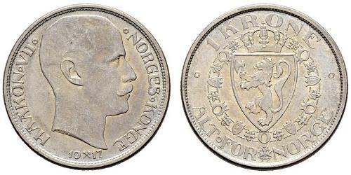 1 Krone Noruega (1905 - ) Plata Haakon VII de Noruega (1872 - 1957)
