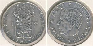 1 Krone Suecia Plata Gustavo VI Adolfo de Suecia (1882 - 1973)