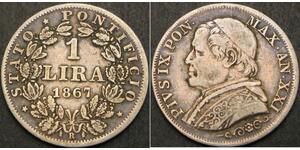 1 Lira 教皇国 (754 - 1870) 銀 Pope Pius IX (1792- 1878)