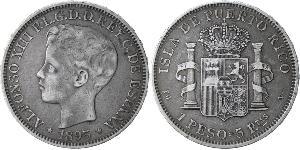 1 Peso Puerto Rico (1898 - ) Silver Alfonso XIII of Spain (1886 - 1941)
