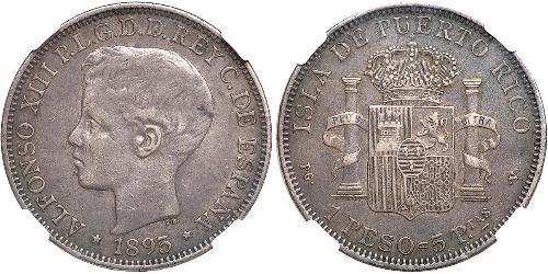 1 Peso Puerto Rico (1898 - ) Silver Alfonso XIII of Spain (1886 - 1941)