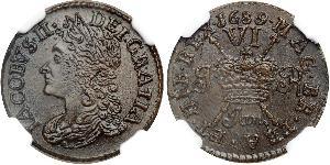 1 Sixpence / 6 Penny Reino de Inglaterra (927-1649,1660-1707) Plata Jacobo II (1633-1701)