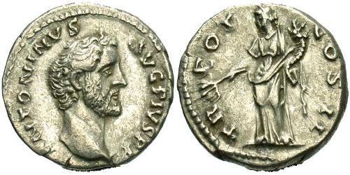 1 Денарий Римская империя (27BC-395) Серебро Антонин Пий  (86-161)