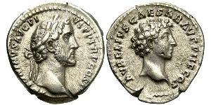 1 Денарій Римська імперія (27BC-395) Срібло Антоній Пій  (86-161)