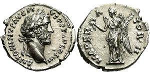 1 Денарій Римська імперія (27BC-395) Срібло Антоній Пій  (86-161)
