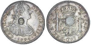 1 Доллар / 8 Реал Соединённое королевство Великобритании и Ирландии (1801-1922) / Новая Испания (1519 - 1821) Серебро Карл IV король Испании (1748-1819) / Георг III (1738-1820)