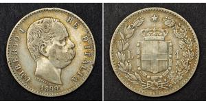 1 Лира Kingdom of Italy (1861-1946) Серебро Умберто I (1844-1900)