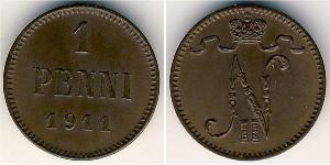1 Пені Велике князівство Фінляндське (1809 - 1917) Мідь Микола II (1868-1918)