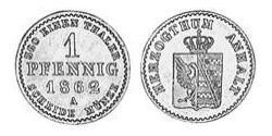 1 Пфенниг Ангальт-Бернбург (1603 - 1863) Медь Александр Карл ,герцог Ангальт-Бернбурга,(1805 – 1863)