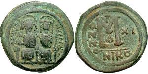 1 Фоллис Византийская империя (330-1453) Бронза Юстин II (520-578)