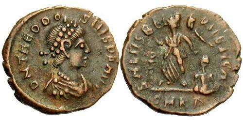 1 Фоллис /  AE4 Римская империя (27BC-395) Бронза Феодосий I (347-395)