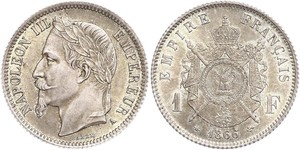 1 Франк Вторая французская империя (1852-1870) Серебро Наполеон III Бонапарт (1808-1873)