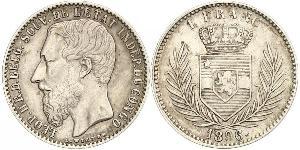 1 Франк Свободное государство Конго (1885 - 1908) Серебро Леопольд II (1835 - 1909)