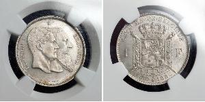 1 Франк Бельгія Срібло Леопольд II (1835 - 1909)