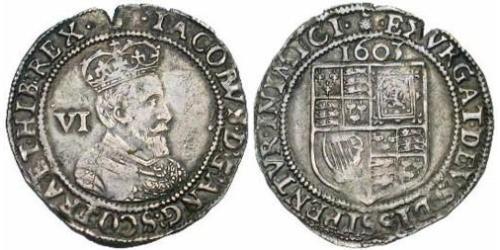 1 Шестипенсовик Королевство Англия (927-1649,1660-1707) Серебро Яков I (1566-1625)