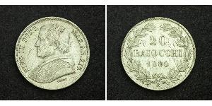 20 Baiocco 教皇国 (754 - 1870) 銀 Pope Pius IX (1792- 1878)