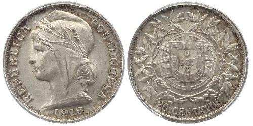 20 Centavo Prima repubblica portoghese (1910 - 1926) Argento 