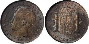 20 Centavo Puerto Rico (1898 - ) Silver Alfonso XIII of Spain (1886 - 1941)