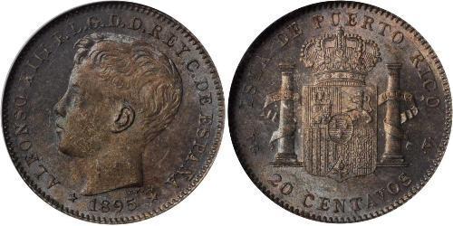 20 Centavo Puerto Rico (1898 - ) Silver Alfonso XIII of Spain (1886 - 1941)