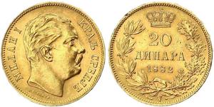 20 Dinar 塞尔维亚 金 Milan I of Serbia