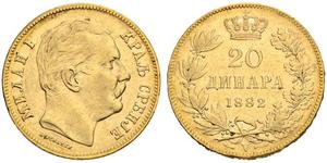 20 Dinar 塞尔维亚 金 Milan I of Serbia