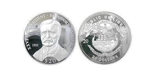 20 Dollar 利比里亚 (1847 - ) 銀 Theodore Roosevelt (1858 - 1919)