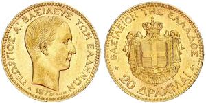20 Drachma Reino de Grecia (1832-1924) Oro Jorge I de Grecia (1845- 1913)