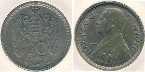20 Franc Monaco (1297 - ) Copper/Nickel Louis II Prince of Monaco (1870-1949)