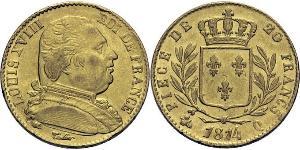 20 Franc Kingdom of France (1815-1830) Or Louis XVIII de France  (1755-1824)