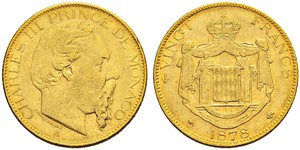 20 Franc Monaco (1297 - ) Or Charles III de Monaco (1818-1889)
