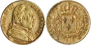 20 Franc Kingdom of France (1815-1830) Oro Luigi XVIII di Francia (1755-1824)